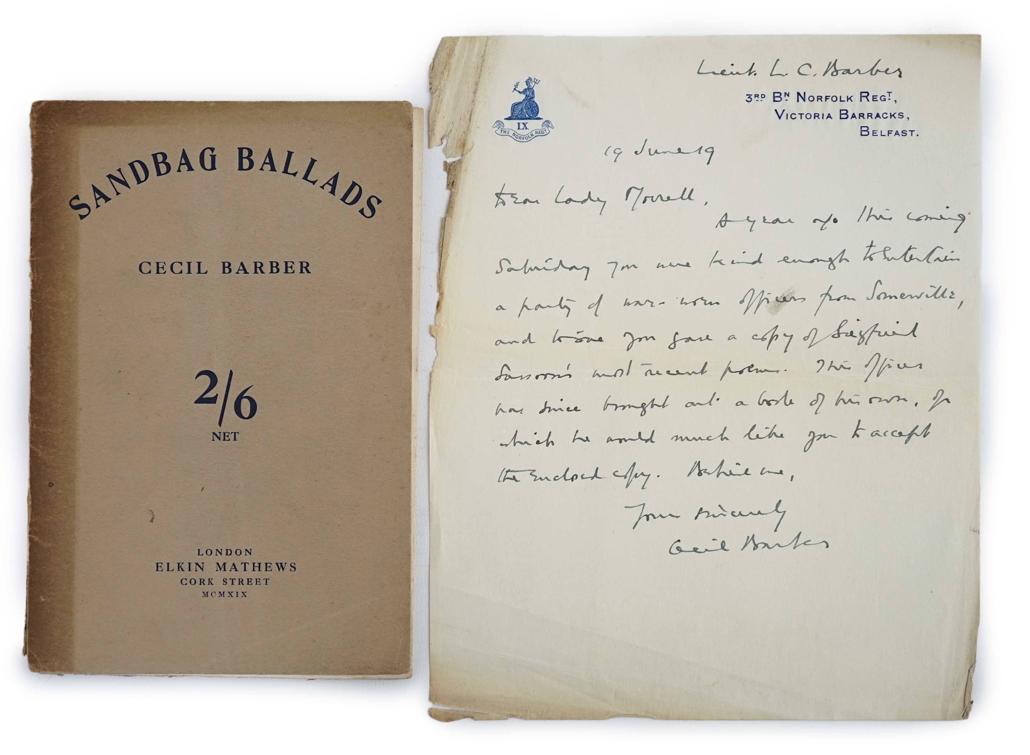 Letter from First World War soldier Leonard Cecil Barber on Norfolk Regiment headed paper, to Lady Ottoline Morell (1873-1938), best known as hostess at Garsington